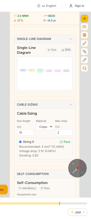 Cable sizing results showing recommended cross-section and voltage drop