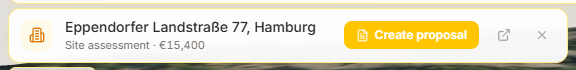 A banner in the 3D viewer naming the prospect Eppendorfer Landstrasse 77 in Hamburg, its stage Site assessment, an estimated value of EUR 15,400, and a Create proposal button