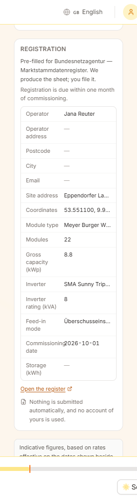 The Marktstammdatenregister sheet filled from the design: operator, site address, coordinates, module type, module count, capacity in kWp, inverter make and rating, feed-in mode and commissioning date