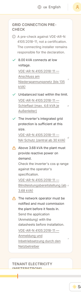The grid connection pre-check listing the low-voltage connection, unbalanced load and grid protection checks as passing, with reactive power and operator notification as required steps, each naming its clause in VDE-AR-N 4105