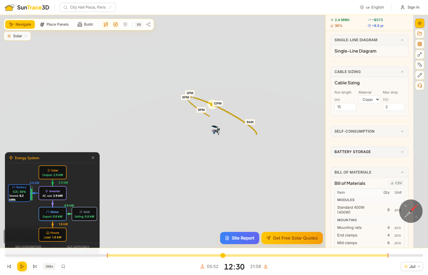 Full 3D scene with energy flow cables, dashboard overlay, and savings counter