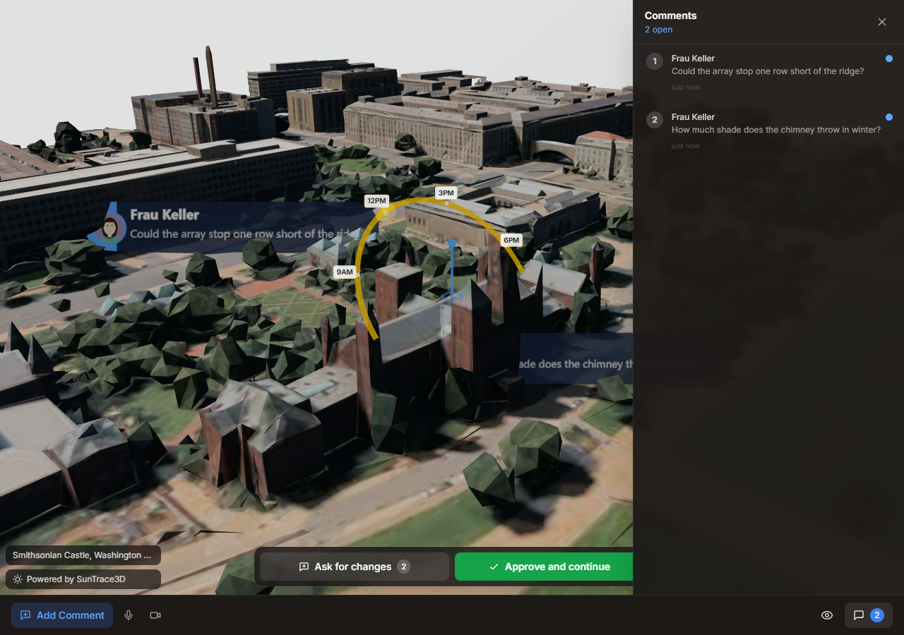 The client review viewer with a 3D model, pinned comments, and two buttons at the bottom: ask for changes, and approve and continue