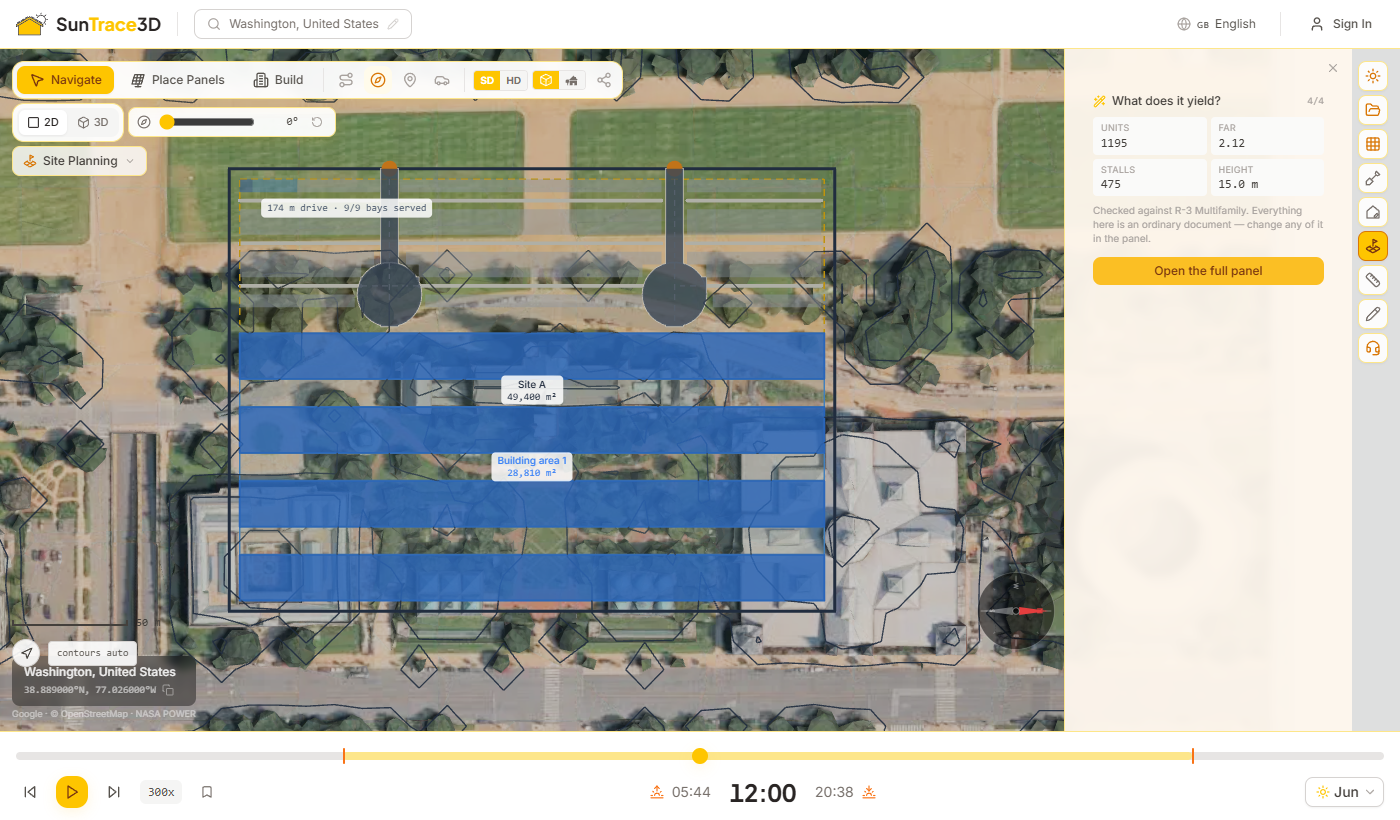 Guided start summary showing units, FAR, stalls and height for a solved scheme
