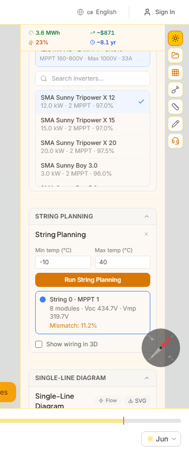 String Planning results showing voltage-checked strings with MPPT assignments