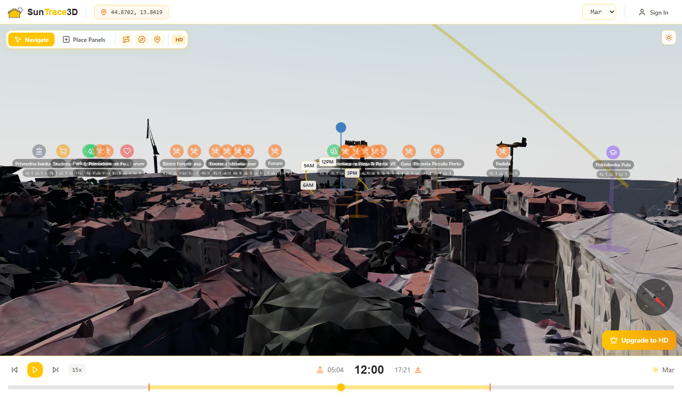 Sun path arc visualization across the sky