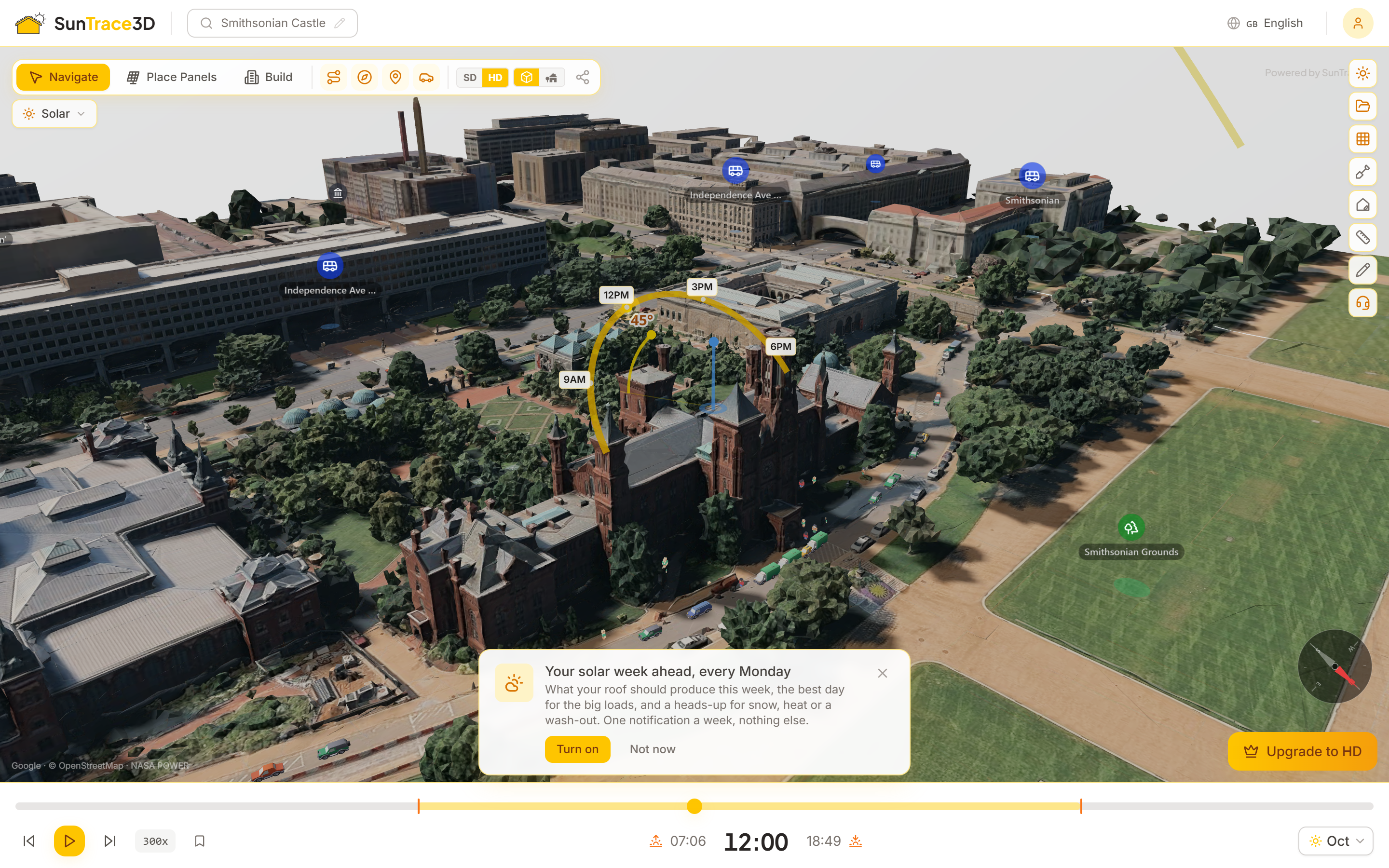 The weekly forecast offer card over a 3D rooftop view, asking to turn on notifications