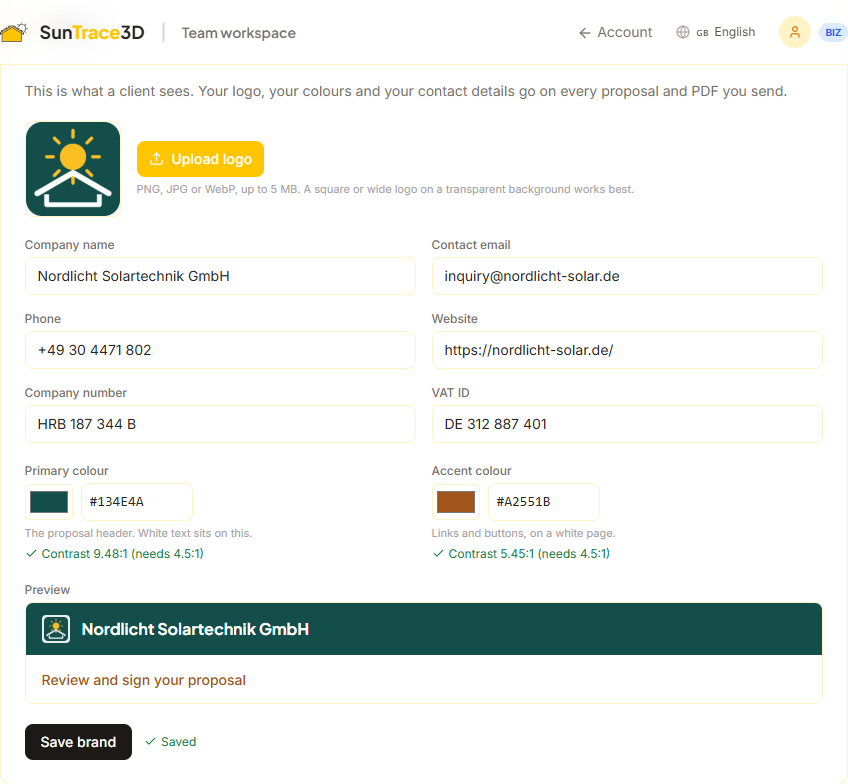 Brand settings showing a company logo, contact details, primary and accent colours each with a contrast reading, and a preview of the proposal header