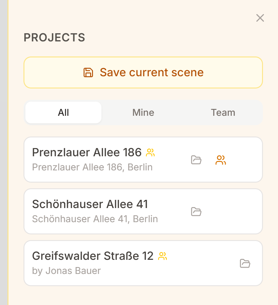 Project panel in the viewer with an All, Mine and Team filter, showing a private design, a shared design, and a colleague's design labelled with their name